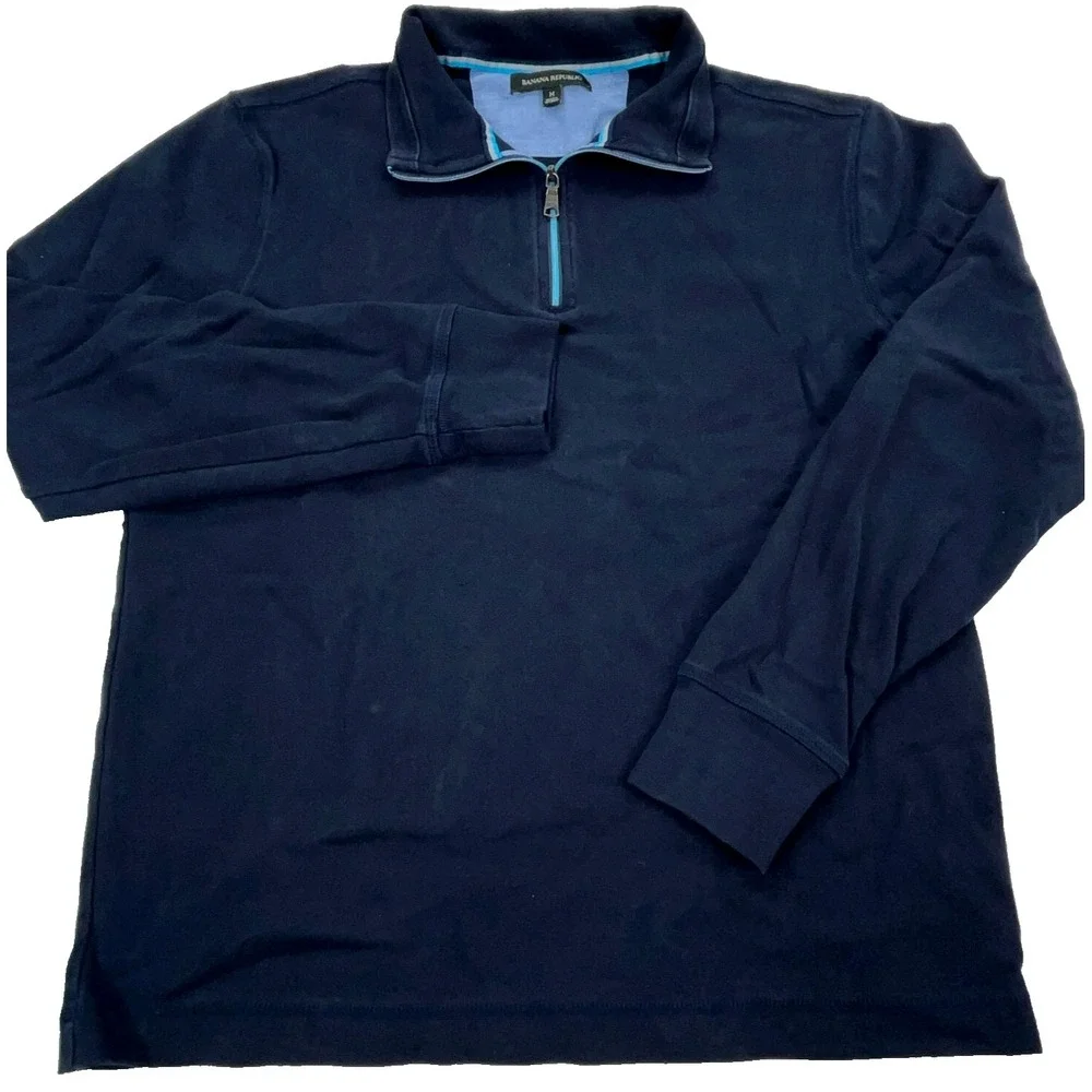Banana Republic Sweater Men Medium Blue Knit‎ Sweatshirt Quarter Zip Navy Thin *